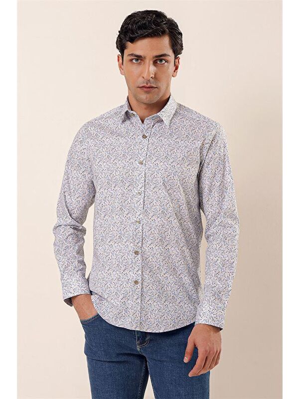 İMZA Mavi Uzun Kollu Baskılı Sert Yaka Cepsiz Pamuklu Elastanlı Casual Slim Fit Gömlek 1004230135