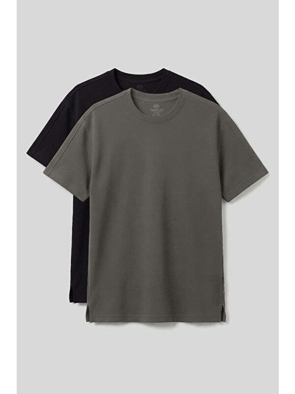 Tommylife Rahat Form O Yaka 2li Paket Siyah-Haki Erkek T-Shirt - 88495