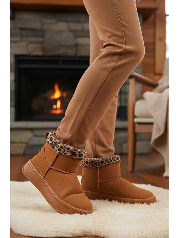 Taba Leopar Kürklü Soğuğa Dirençli Kaymaz Kadın Bot 25001 Z - Görsel 4