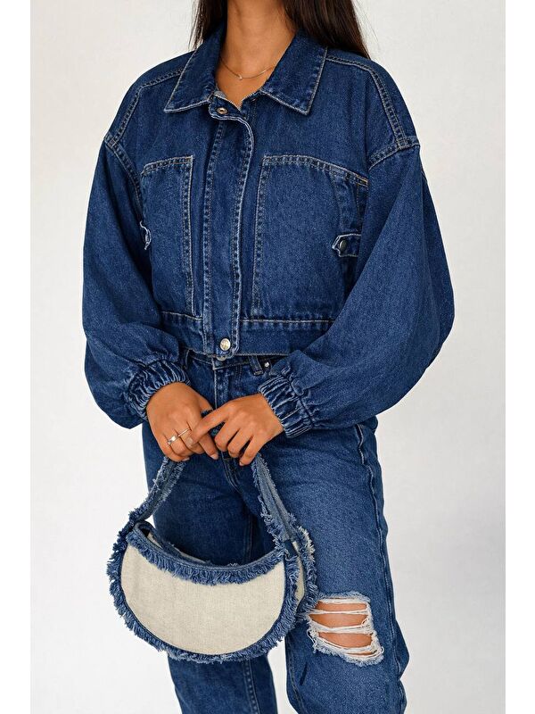 carla10 Oversize Lastik Manşetli Denim Ceket – Koyu Mavi