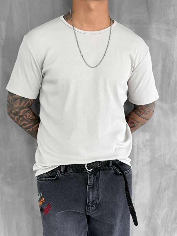 Abluka Online Erkek Slim Fit Fitilli Basic Esnek T-Shirt Taş Rengi