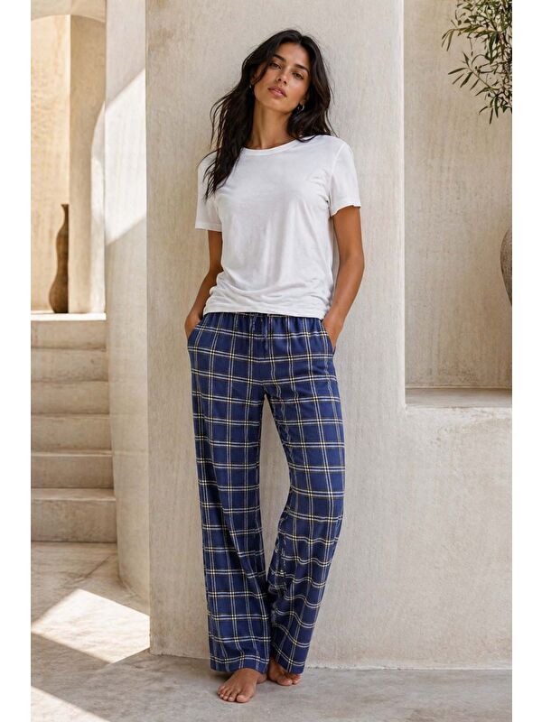 Remsa Büyük Beden Kadın Ekose Viskon Kumaş Penye Battal Tek Pijama Alt 21 Lacivert02