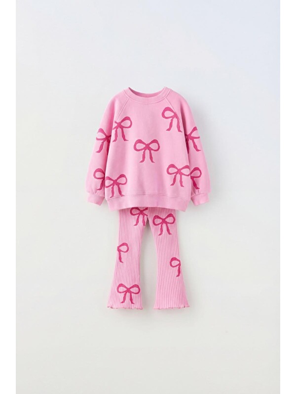 Magu Kız Çocuk Fiyonk Desenli Pembe Sweatshirt Ve İspanyol Paça Tayt Takımı