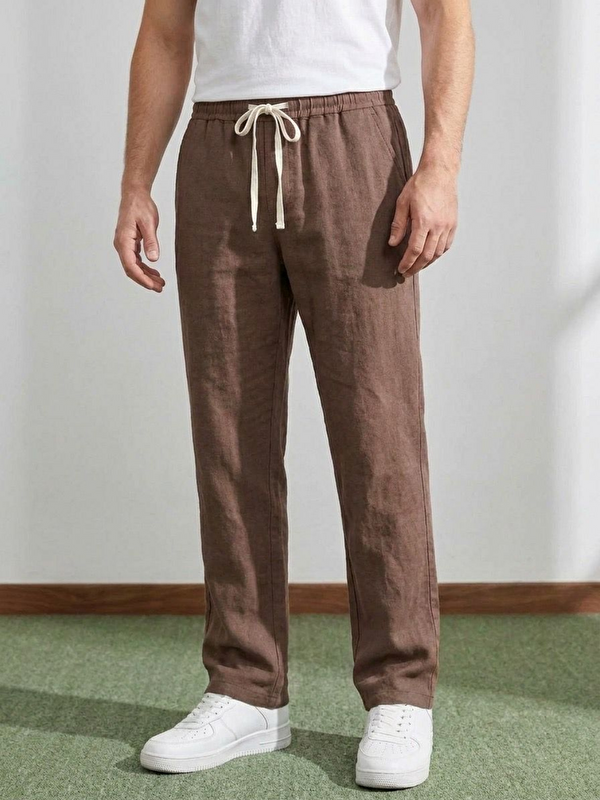 Danger Erkek Baggy Kalıp Beli Lastikli %100 Pamuk Keten Görünümlü Pantolon Kahverengi 1007DNGR