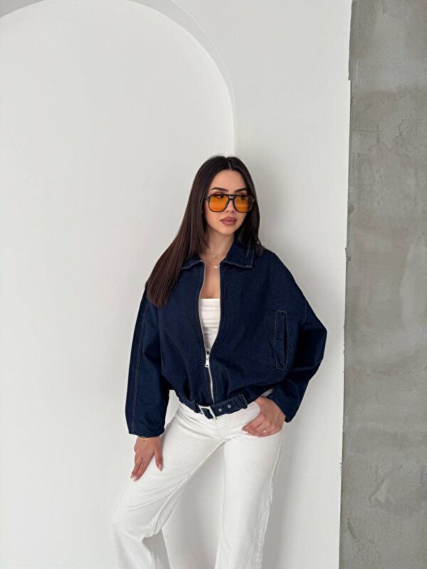 carla10 Kemer Detaylı Oversize Denim Ceket – Lacivert