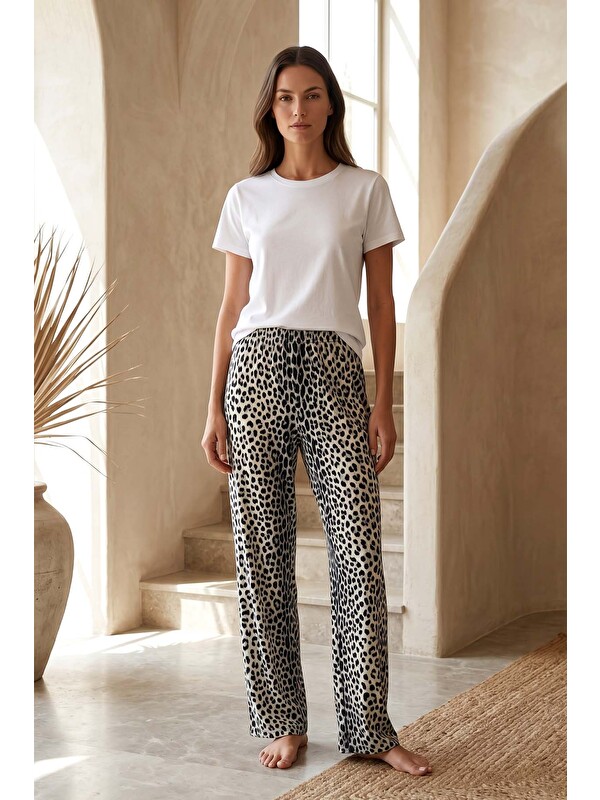 Remsa Kadın Viskon Kumaş Leopar Desen Penye Tek Pijama Alt 36 Siyah