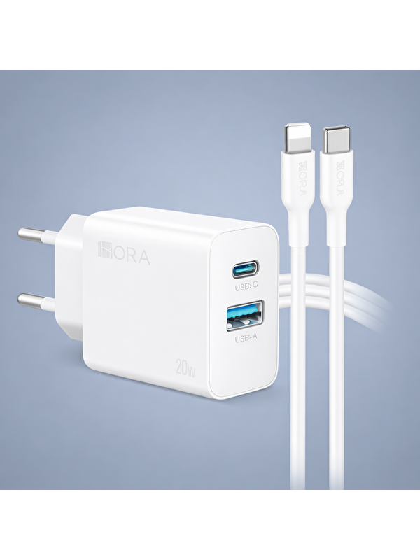 Oglo 20W Dual U+C Şarj Aleti ve Lightning Kablo Seti-1HORA-GAR163-Hızlı Şarj Aleti-İphone&Android Uyumlu