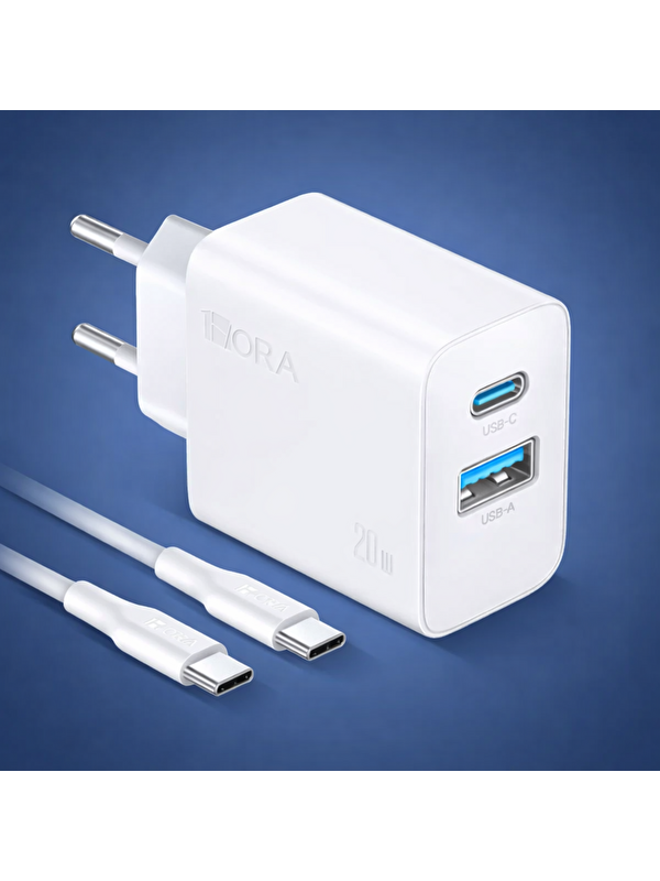 Oglo PD20W (A+C) Şarj Cihazı - 1m Type-C To Type-C Data Kablosu - 1HORA-GAR162-Hızlı Şarj - Beyaz