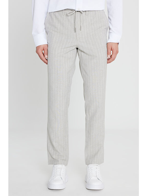 Altınyıldız Classics Erkek Gri Keten Slim Fit Dar Kesim Beli Bağlamalı Çizgili Casual Pantolon