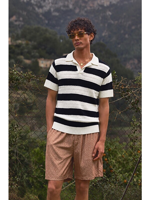 Tarz Cool Erkek Oversize Kalın Örgü Polo Yaka Triko Fileli Tişört Çizgili Vintage Yazlık Rahat Fit