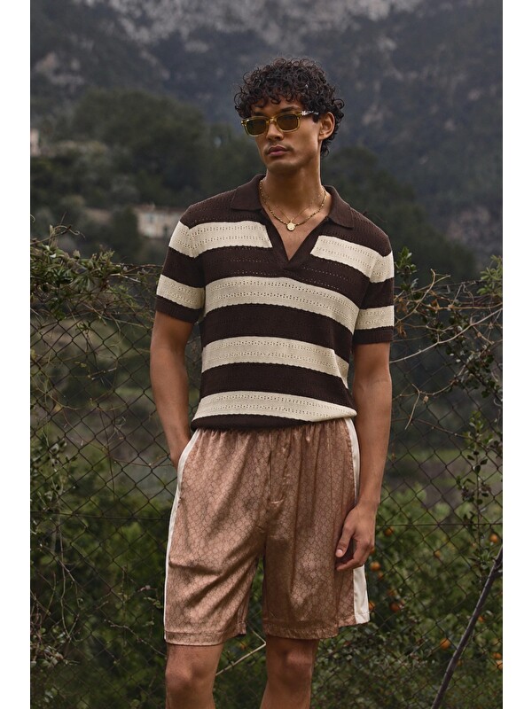 Tarz Cool Erkek Oversize Kalın Örgü Polo Yaka Triko Fileli Tişört Çizgili Vintage Yazlık Rahat Fit