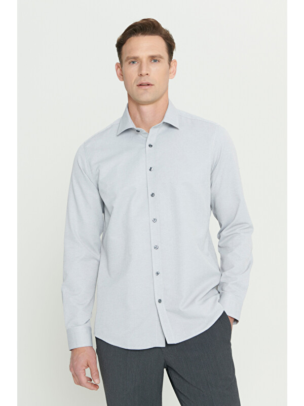 Altınyıldız Classics Erkek Gri Kolay Ütülenebilir Slim Fit Dar Kesim Düğme Yaka Gofre Desenli Gömlek