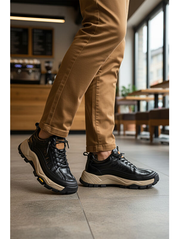 Siyah Hakiki Deri Bağcıklı Erkek Sneaker 25K570 M - Görsel 4