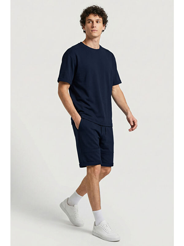 Tommylife Lacivert Oversize Fit Yumuşak Dokulu Basic Erkek Şort Takım - 85274