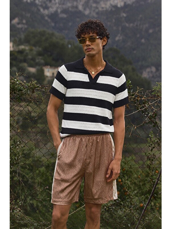 Tarz Cool Erkek Oversize Kalın Örgü Polo Yaka Triko Fileli Tişört Çizgili Vintage Yazlık Rahat Fit