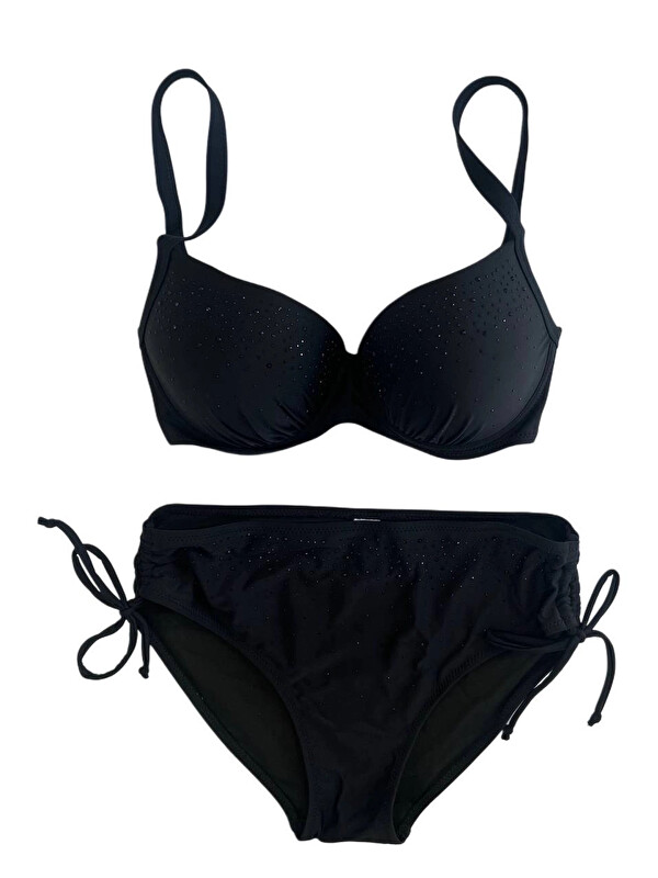 Hazelin Kadın Siyah Taş İşlemeli Astarlı Büyük Beden Bikini Takımı HZL25S-LC2099