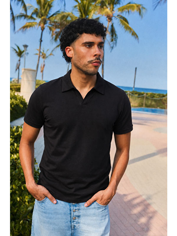COMBINE Erkek Trend Polo Yaka Günlük Siyah Tişört