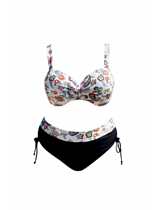 Hazelin Kadın Beyaz Siyah Desenli Yüksel Bel Astarlı Büyük Beden Bikini Takımı HZL25S-LC3339