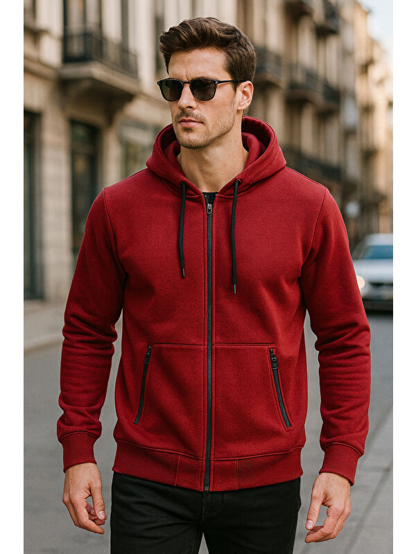 Remsa Kapüşonlu Tek Üst Erkek Fermuarlı Sweatshirt Hırka REU-25723 Bordo