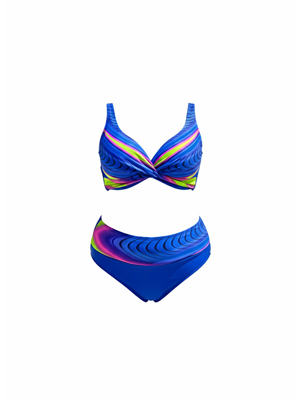 Hazelin Kadın Saks Mavi Desenli Yüksel Bel Astarlı Büyük Beden Bikini Takımı HZL25S-LC22315-5
