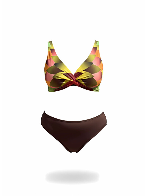 Hazelin Kadın Kahverengi Çok Renkli Yüksel Bel Astarlı Büyük Beden Bikini Takımı HZL25S-LC22315