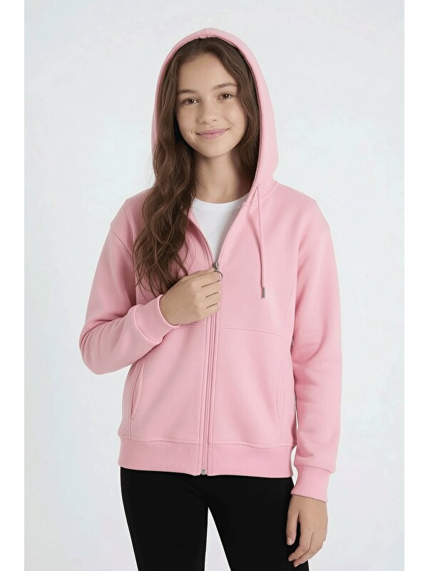 Cansın Mini Pembe Kız Çocuk Fermuarlı Kapüşonlu Basic Hırka Şardonlu 24671
