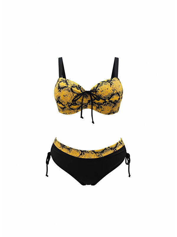 Hazelin Kadın Sarı Siyah Desenli Taş İşlemeli Toparlayıcı Bikini Takım HZL25S-LC3333