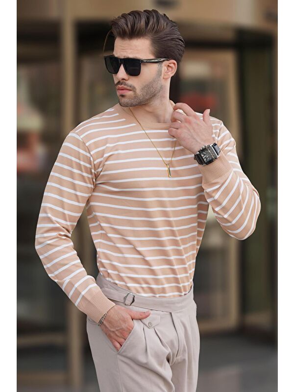 Madmext Camel Bisiklet Yaka Çizgili Kazak 7241