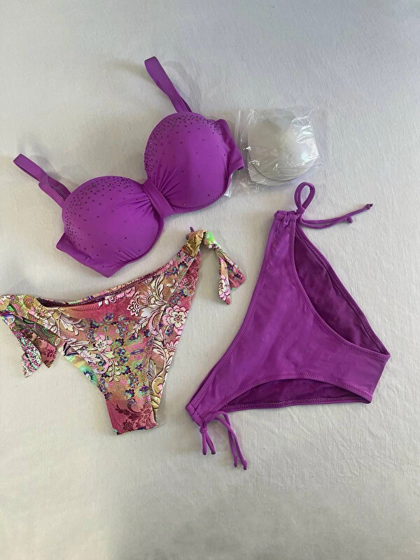 Hazelin Kadın Lila Taş İşlemeli 3 Parça Bikini Takım HZL25S-LC3315