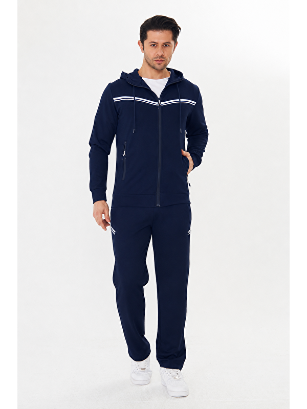 TRENDHILL Erkek Pamuklu Tam Fermuarlı Kapüşonlu Eşofman Takımı Lacivert 9529-L