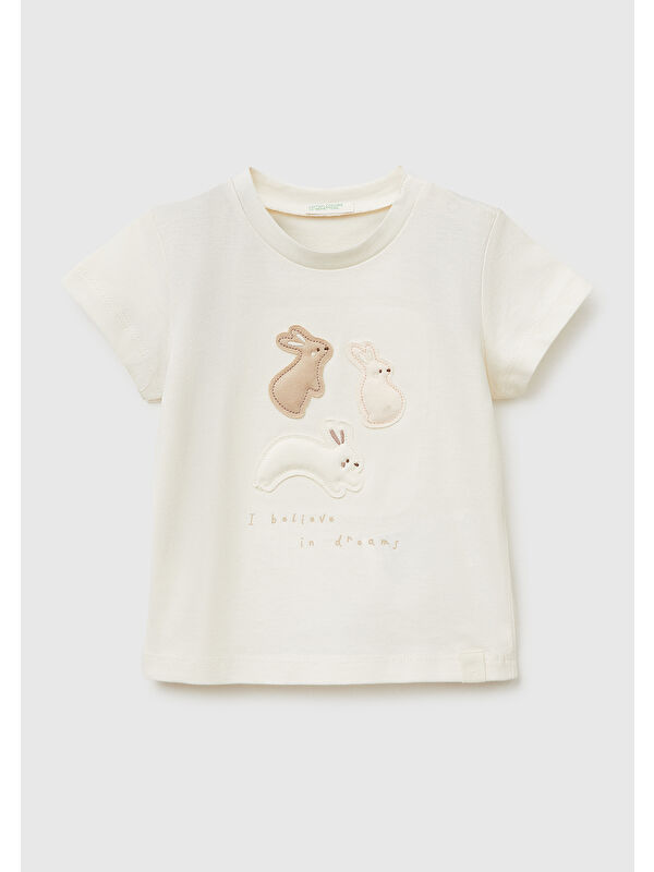 United Colors Of Benetton Bebek Omzu Gizli Çıtçıtlı Baskılı Nakışlı Bisiklet Yaka T-Shirt