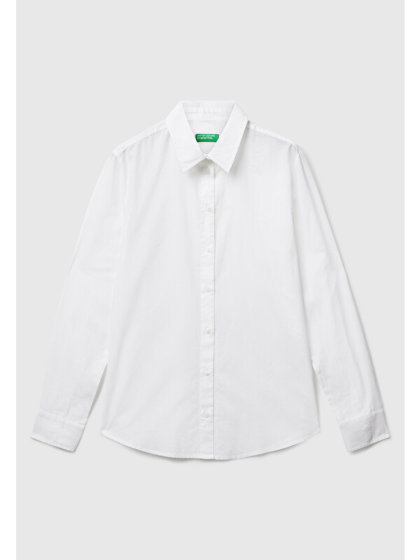 United Colors Of Benetton Kadın Beyaz %100 Pamuk Arka Logo İşlemeli Regular Fit Gömlek