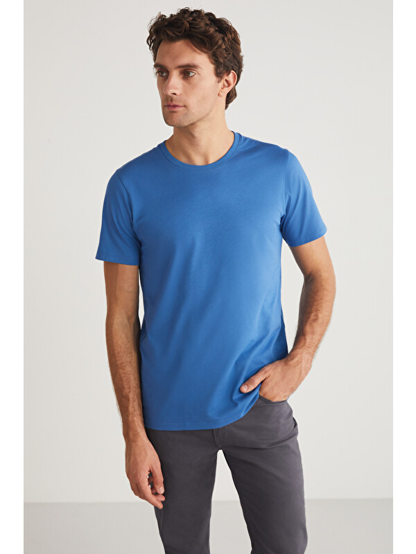 GRIMELANGE MICHEL Erkek Slim Fit Dar Kesim %100 Organik Pamuklu Yana Kayan Dikişli Basic Örme MAVİ T-Shirt