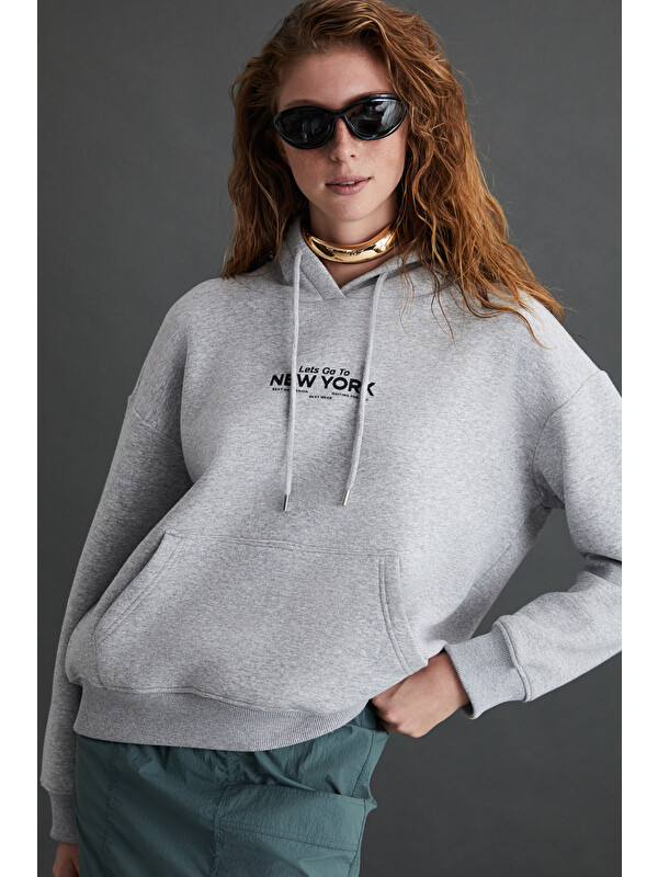 ETHIQUET CHARGELLE Kadın Organik Pamuk Şardonlu Regular Şehir Temalı Baskılı Kapüşonlu GRİ MELANJ Sweatshirt