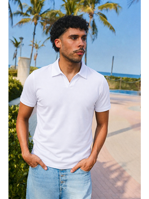 COMBINE Erkek Trend Polo Yaka Günlük Beyaz Tişört