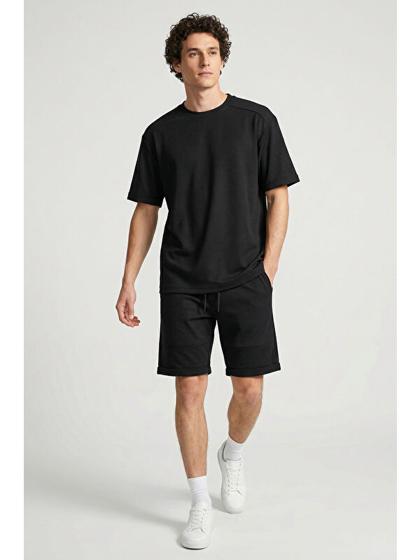 Tommylife Siyah Oversize Fit Yumuşak Dokulu Basic Erkek Şort Takım - 85274