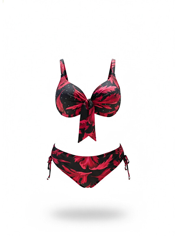 Hazelin Kadın Siyah Bordo Taş İşlemeli Büyük Beden Bikini Takım HZL25S-LC3337