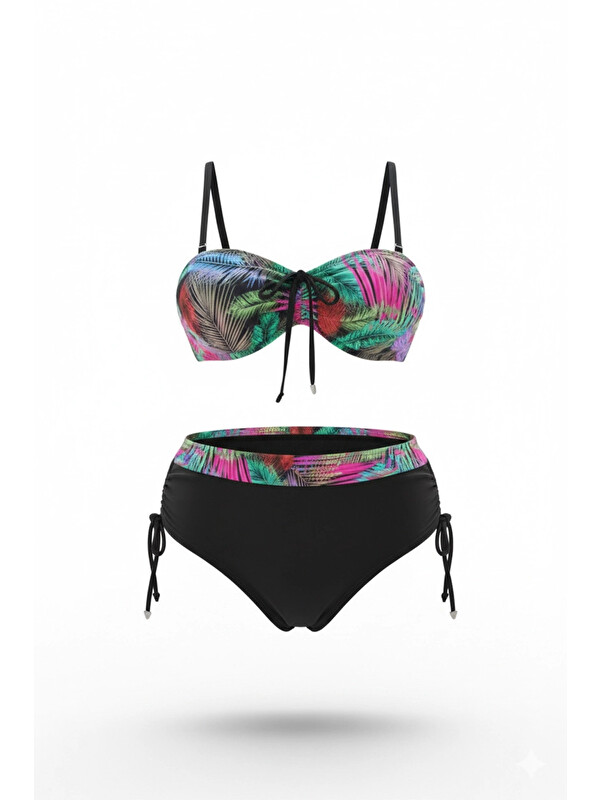 Hazelin Kadın Siyah Çok Renk Desenli Astarlı Büyük Beden Bikini Takımı HZL25S-LC03