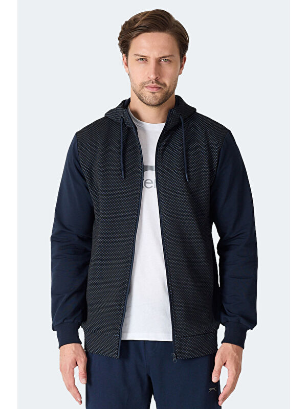 SLAZENGER FLAME Kapüşonlu Cepli Lacivert Erkek Polar Fermuarlı Sweatshirt Hırka