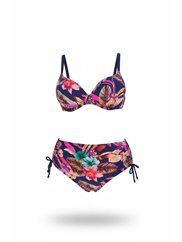 Hazelin Kadın Lacivert Yaprak Desenli Yüksek Bel Büyük Beden Bikini Takım HZL24S-LC22625