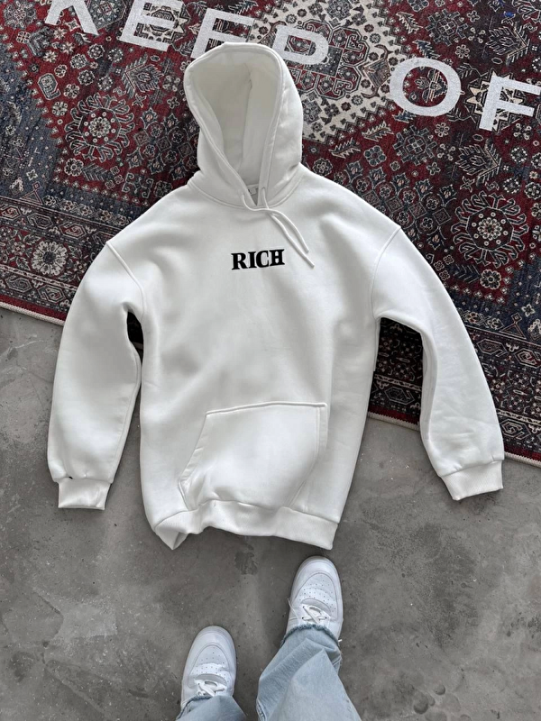 Jane's Uzun Kol Kapüşonlu Göğüs Baskılı SweatShirt - Beyaz