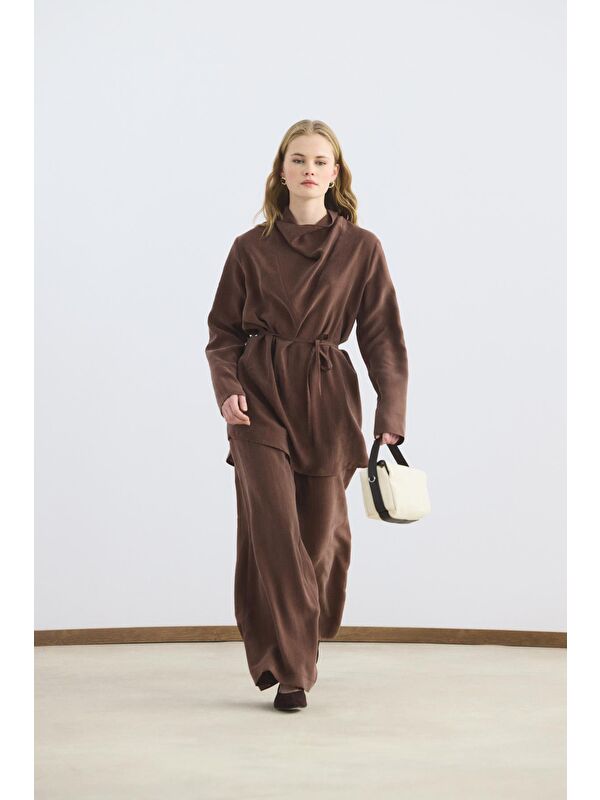 Kadriye Baştürk Drape Yaka Tunik Pantolon Takım Kestane
