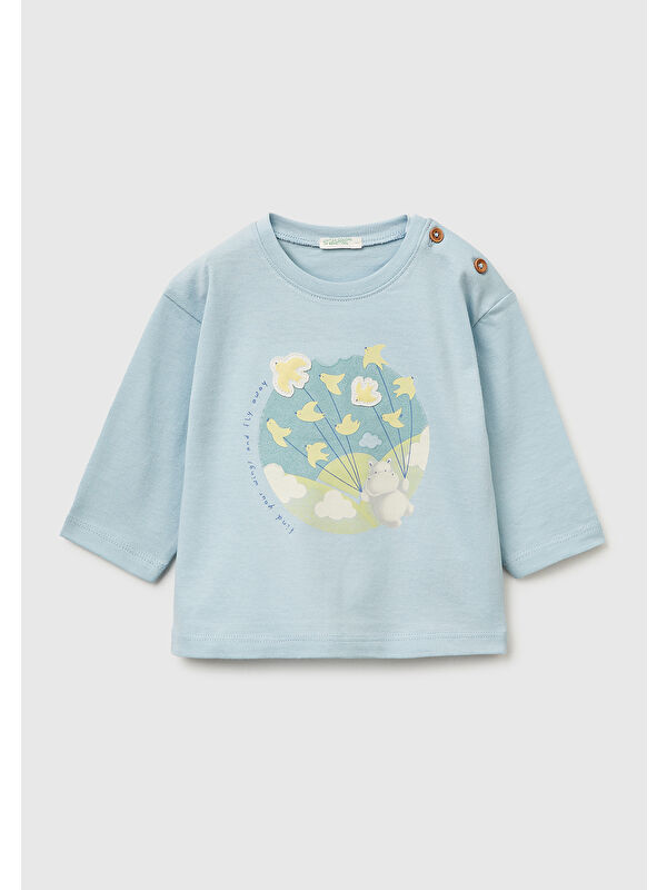 United Colors Of Benetton Bebek Omzu Ahşap Düğme Detaylı İşlemeli Baskılı Uzun Kollu T-Shirt