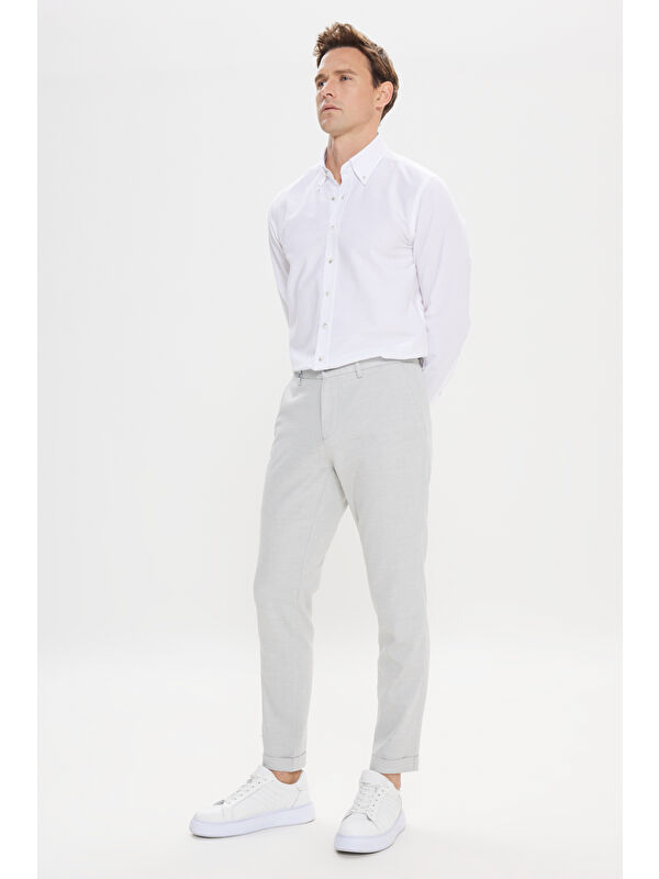 Altınyıldız Classics Erkek Gri Pamuklu Slim Fit Dar Kesim Beli Bağlamalı Yan Cep Armürlü Esnek Pantolon