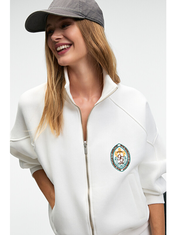 GRIMELANGE TORMENTA Kadın Nakışlı Fermuarlı Dik Yaka Çift Cepli Reglan Kol BEYAZ Sweatshirt