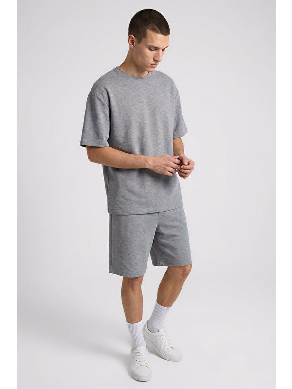 Tommylife Gri Melanj Oversize Fit Basic Erkek Şort Takım - 85292