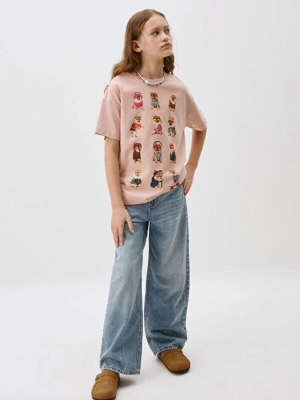 A.S.L GOLF CLUB Kız Çocuk Mavi Renk %100 Pamuk Ayarlanabilir Bel Rahat Kesim Wide Leg Denim Pantolon 5-15 Yaş