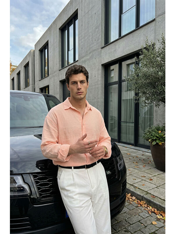 Livio Ferri Yurin Erkek Premium Müslin %100 Pamuk Oversize Uzun Kollu Gömlek