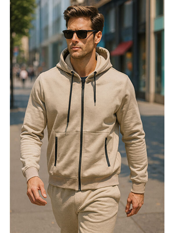 Remsa Kapüşonlu Tek Üst Erkek Fermuarlı Sweatshirt Hırka REU-25723 Bej