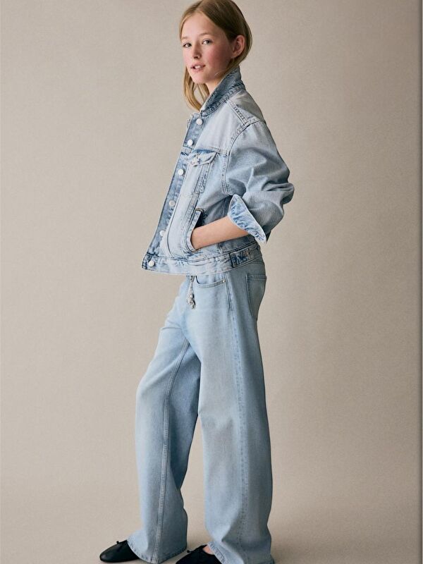 A.S.L GOLF CLUB Kız Çocuk Mavi Renk %100 Pamuk Ayarlanabilir Bel Rahat Kesim Wide Leg Denim Pantolon 6-15 Yaş